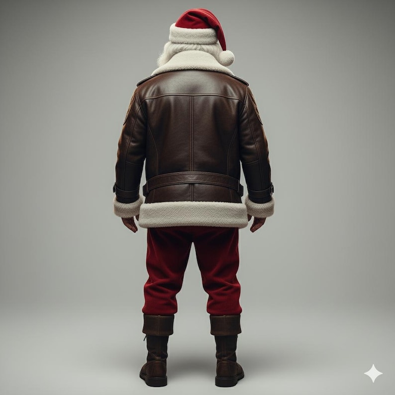 May include: A Santa Claus outfit viewed from the back. It features a red and white hat, a brown leather jacket with white fur trim, red trousers, and brown boots. The jacket has a belt around the waist.