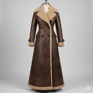 Könnte beinhalten: Langer, brauner Ledermantel mit beigem Shearling-Kragen und -Besatz. Der zweireihige Mantel hat zwei Knopfreihen, zwei Vordertaschen und Shearling-Manschetten. Der Mantel wird auf einer Schaufensterpuppe präsentiert.