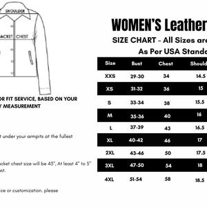 Puede incluir: Una tabla de tallas en blanco y negro para chaquetas de cuero de mujer, con medidas en pulgadas. La tabla incluye tallas de busto, pecho, hombros y mangas, que van desde la XXS hasta la 4XL. Tambi&eacute;n se muestra un diagrama de una chaqueta.