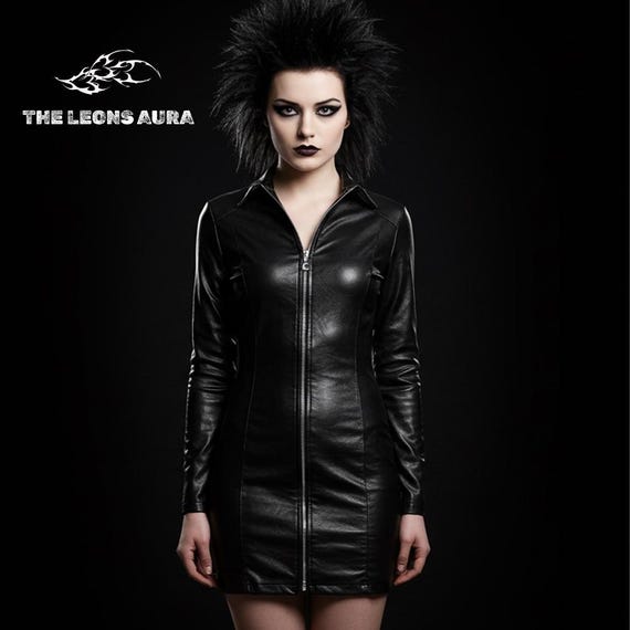 black bodycon dress with leather jacket Bold Zip Front Mini | Gothic Clubwear, Edgy Party Style golden dress in wedding