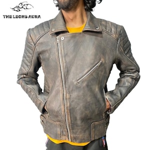 Chaqueta de motociclista vintage de cuero marrón desgastado para hombre: estilo motociclista acolchado con cremalleras