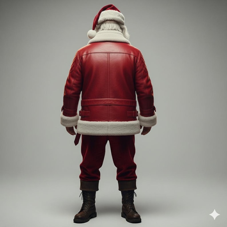 May include: A rear view of Santa Claus, dressed in a red leather jacket with white faux fur trim, red trousers, and a matching hat. He is also wearing black boots. The background is a plain grey.