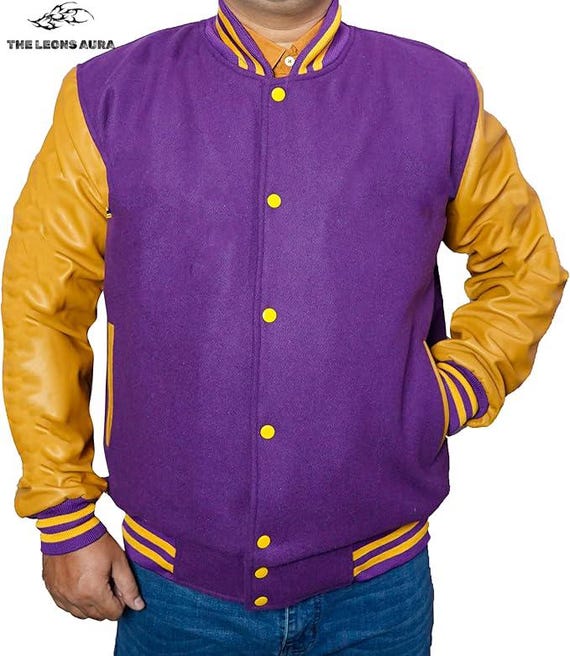 Mens Purple Gold Varsity Jacket 80% Wool Blend Body, Genuine