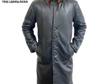Men Shearling Leather Trench Coat Warm & Stylish Genuine Lambskin Long Leather Jacket Winter Overcoat