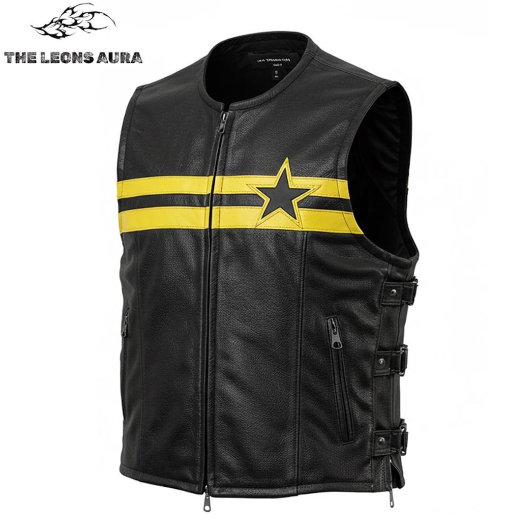 Men’s Black Leather Motorcycle Vest With Yellow Star Stripe | Biker ...