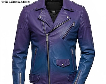 Chaqueta de motociclista de cuero azul púrpura degradado: estilo motociclista ombré