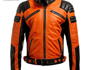 May include: Orange and black leather jacket with a zip-up front, multiple zippered pockets, and a belted waist. The jacket features black accents on the shoulders, sleeves, and sides. The brand name "THE LEONS AURA" is printed on the top left.
