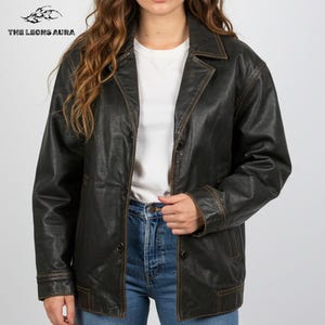 Vintage Style Black Real Leather Blazer: Women&#39;s 90s Oversized Coat