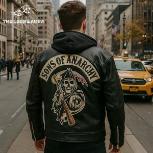 May include: Black leather jacket with a hood and zipper details. The back features a large patch with the words "SONS OF ANARCHY" surrounding a grim reaper graphic. The jacket is worn in an urban setting.