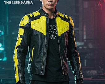 Cyberpunk Yellow Samurai Jacket – Men’s Futuristic Biker Leather Coat, Cyberpunk 2077 Inspired Streetwear
