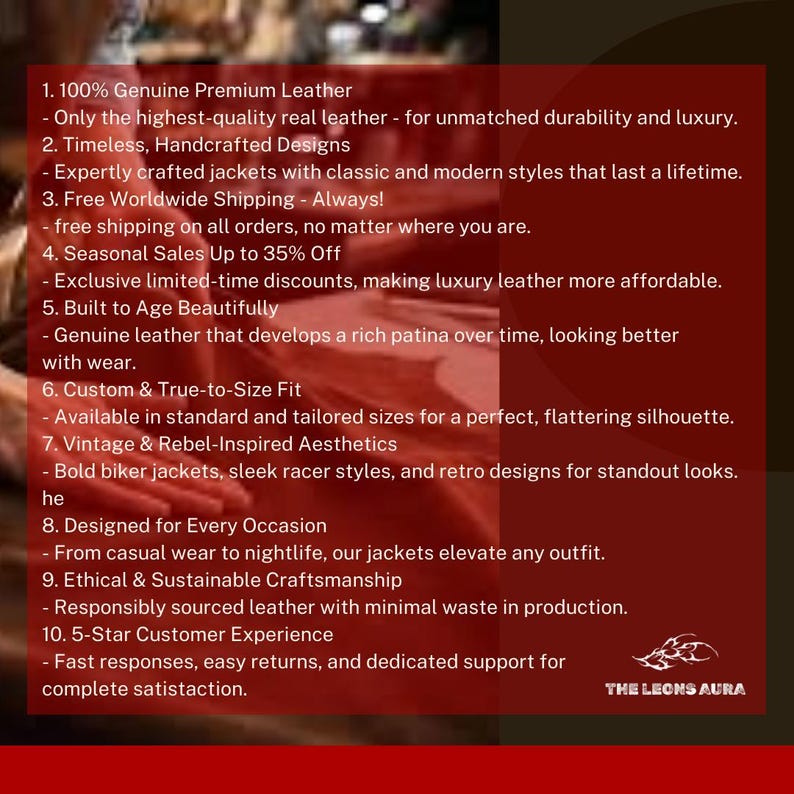 Puede incluir: Un gr&aacute;fico granate con texto blanco que promociona chaquetas de cuero. El texto destaca caracter&iacute;sticas como cuero genuino, dise&ntilde;os artesanales, env&iacute;o gratuito a todo el mundo y rebajas de temporada. El logotipo de la marca "THE LEONS AURA" est&aacute; en la esquina inferior derecha.