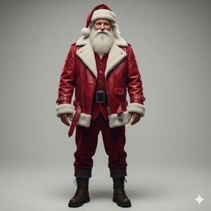 May include: Santa Claus in a red leather jacket with white faux fur trim, a matching vest, and trousers. He wears a red Santa hat and black boots. The jacket has a belt and buckle. Santa has a long white beard and moustache.