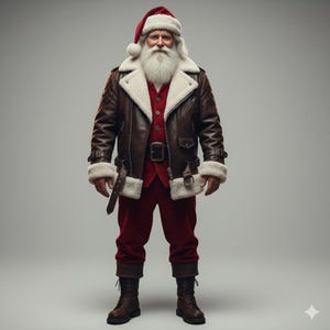 May include: Santa Claus in a brown leather jacket with white fur trim, a red vest, and red trousers. He wears a red hat with a white brim and a long white beard. He is wearing brown boots and a black belt.