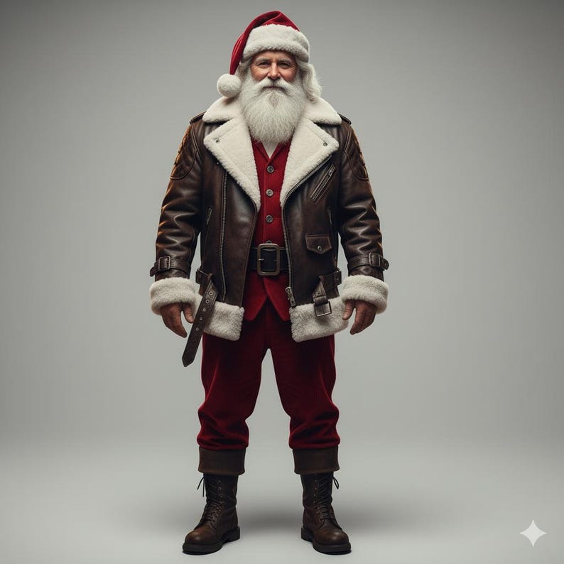 May include: Santa Claus in a brown leather jacket with white fur trim, a red vest, and red trousers. He wears a red hat with a white brim and a long white beard. He is wearing brown boots and a black belt.