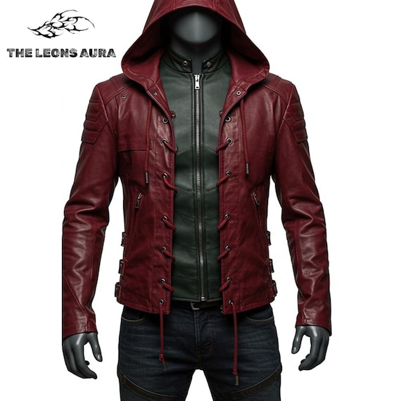 Men’s Red Hooded Real Leather Jacket, Superhero Cosplay Coat, Slim Fit Biker Style Outerwear