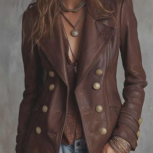 May include: A brown leather jacket with gold buttons and a double-breasted design. The jacket has a classic, tailored look with a notched collar and buttoned cuffs. The model is wearing a layered necklace and blue jeans.