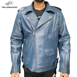 Blue Lambskin Leather Biker Jacket: Men&#39;s Moto Style