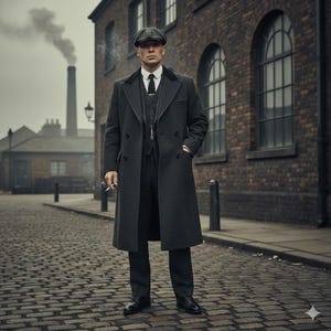Puede incluir: Un hombre con un abrigo gris oscuro de doble botonadura, chaleco y pantalón, con gorra plana y corbata, de pie en una calle adoquinada. Sostiene un cigarrillo, con un edificio de ladrillo y una chimenea al fondo.