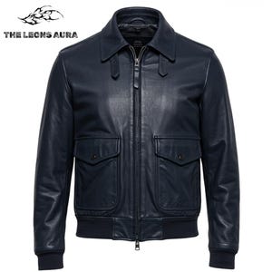 May include: A navy blue leather jacket with a zip-up front, two front pockets, and a collared neckline. The jacket has a ribbed hem and cuffs. The text "THE LEONS AURA" is visible in the upper left corner.