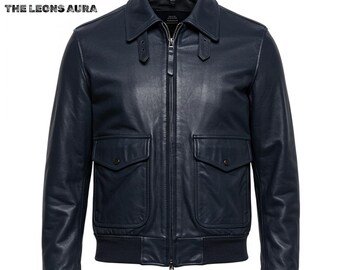 Men's Navy Leather Bomber Jacket: Vintage Aviator Style