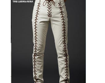 Handmade White Leather Lace-Up Pants: Vintage Western Biker Style