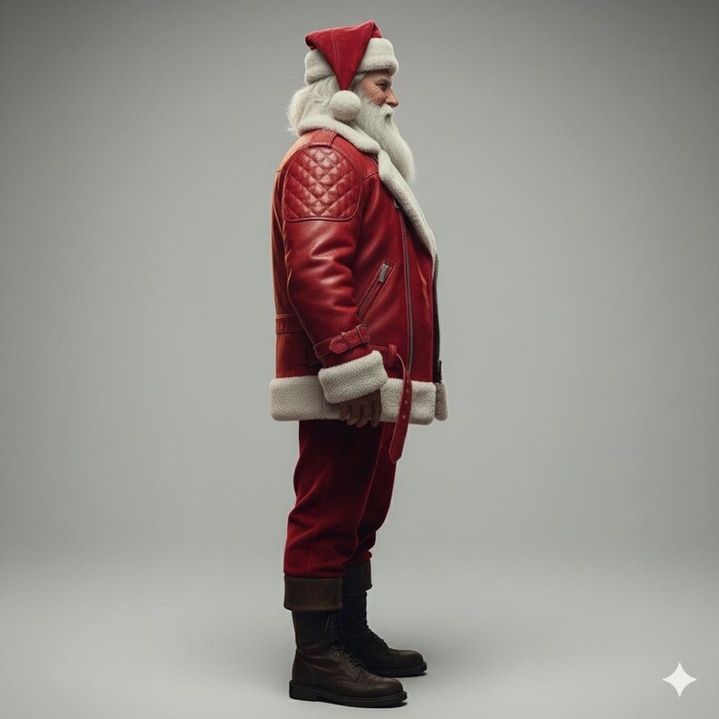 May include: A side view of Santa Claus in a red leather jacket with a quilted shoulder design, matching trousers, and a red hat. The jacket has white faux fur trim and a belt. He is wearing black boots and has a long white beard.
