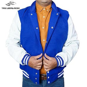 Royal Blue Wool Varsity Jacket: Cowhide Leather Sleeves, Quilted Lining
