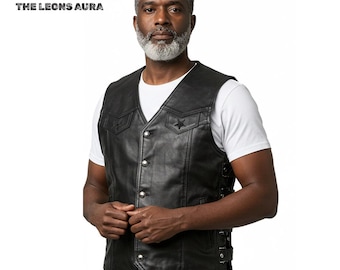 Men's Genuine Cowhide Leather Biker Vest, Black Star Patch Waistcoat