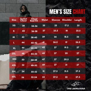 May include: A size chart for men's jackets, with measurements in inches. The chart includes sizes XS to 6XL, detailing jacket chest, best fit chest, waist, sleeve, shoulder, and length measurements. The text "MEN'S SIZE CHART" is at the top.