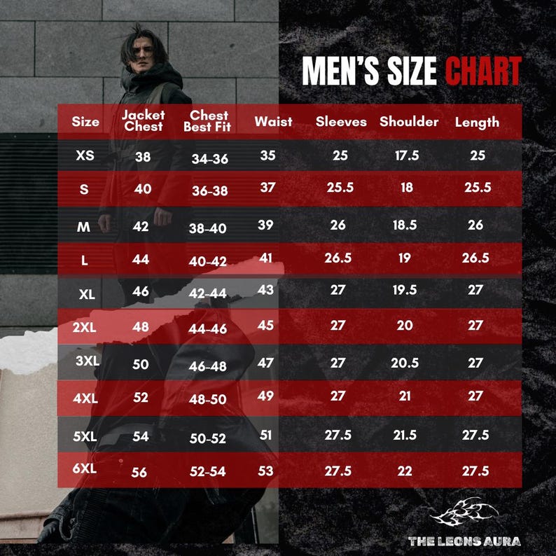 May include: A size chart for men's jackets, with measurements in inches. The chart includes sizes XS to 6XL, detailing jacket chest, best fit chest, waist, sleeve, shoulder, and length measurements. The text "MEN'S SIZE CHART" is at the top.