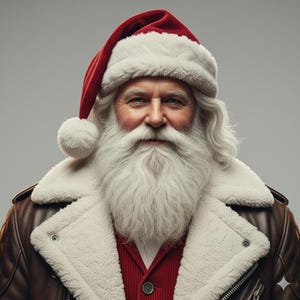May include: A festive portrait of Santa Claus. He is wearing a red and white hat, a red sweater, and a brown leather jacket with a white fur collar. Santa has a long white beard and is smiling. The background is a plain grey.