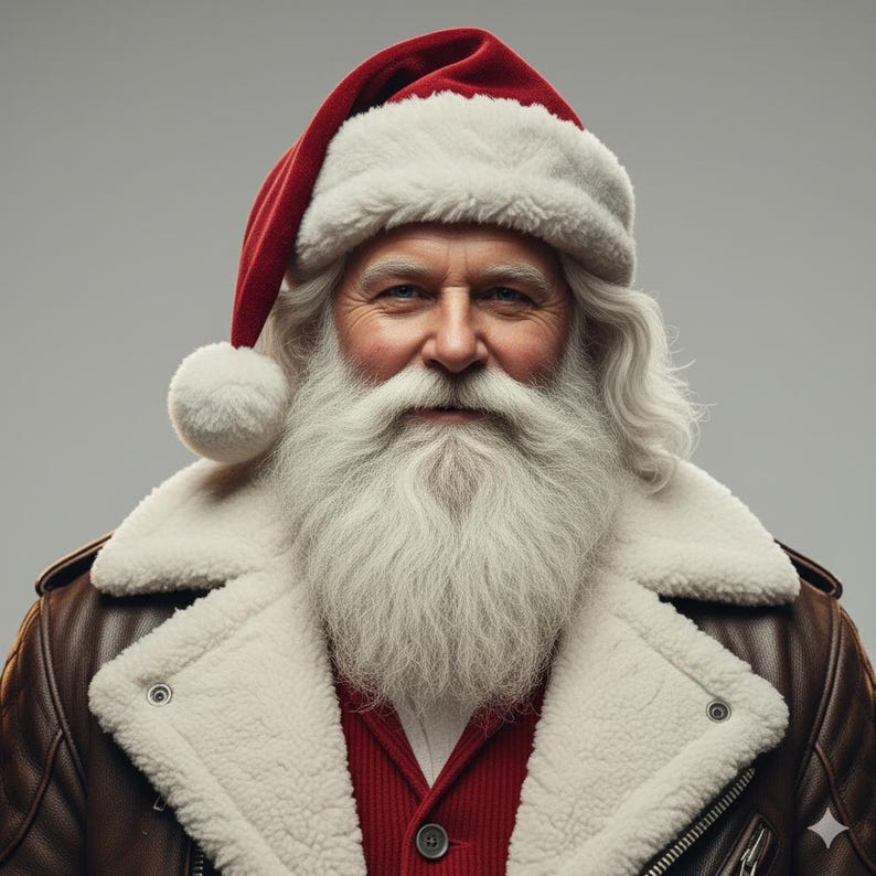 May include: A festive portrait of Santa Claus. He is wearing a red and white hat, a red sweater, and a brown leather jacket with a white fur collar. Santa has a long white beard and is smiling. The background is a plain grey.