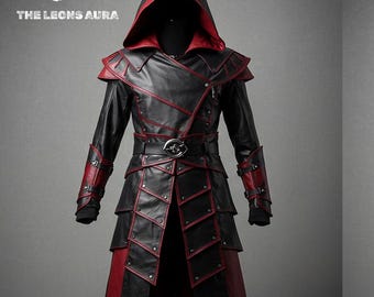 Assassin Style Leather Trench Coat: Hooded Gothic Steampunk Cosplay