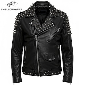 Men&#39;s Studded Real Leather Biker Jacket: Punk Rock Moto Coat