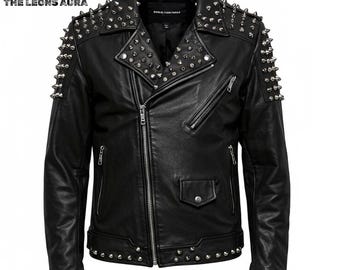 Men's Studded Real Leather Biker Jacket: Punk Rock Moto Coat