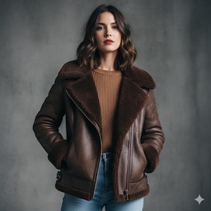 May include: A brown leather jacket with a shearling collar and lining. The jacket features a zip closure and a classic aviator style. The model is wearing a brown jumper and blue jeans.
