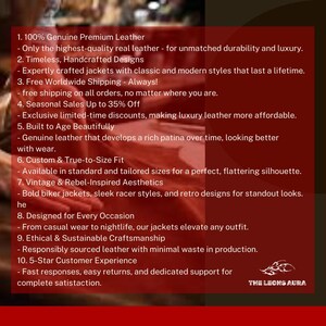 May include: A maroon graphic with white text promoting leather jackets. The text highlights features like genuine leather, handcrafted designs, free worldwide shipping, and seasonal sales. The brand logo "THE LEONS AURA" is in the bottom right corner.