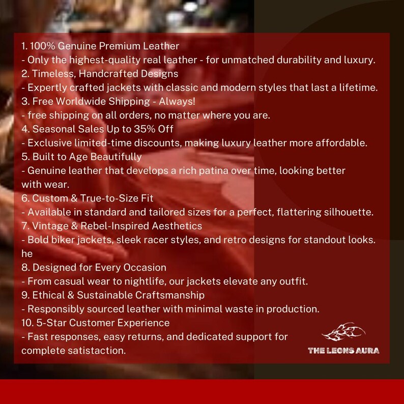 May include: A maroon graphic with white text promoting leather jackets. The text highlights features like genuine leather, handcrafted designs, free worldwide shipping, and seasonal sales. The brand logo "THE LEONS AURA" is in the bottom right corner.
