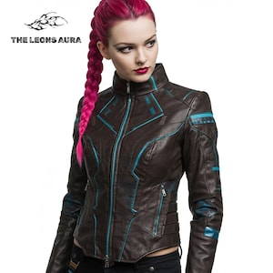 May include: A brown leather jacket with teal blue accents and a high collar. The jacket features a zipper closure and multiple pockets. The text "THE LEONS AURA" is visible in the upper left corner.