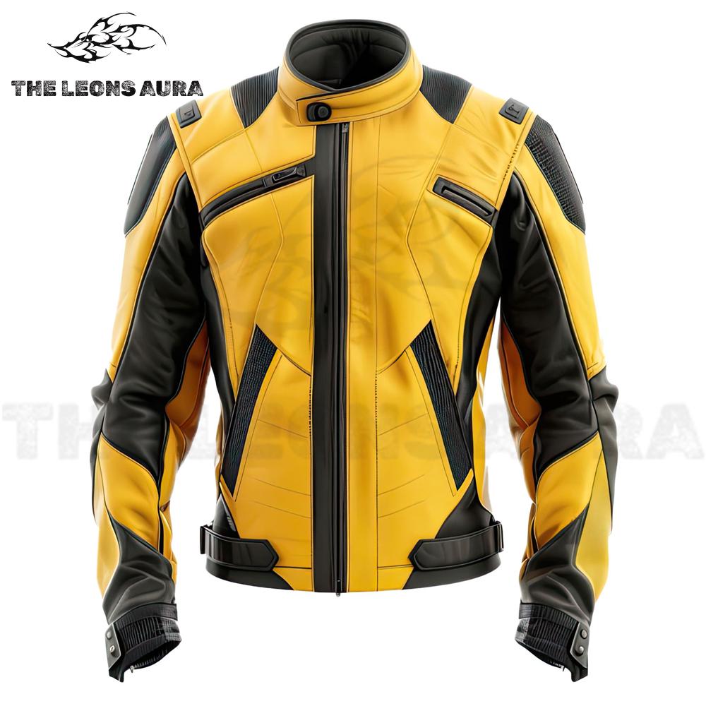 Yellow & Black Leather Biker Jacket: Genuine Sheepskin Cafe Racer