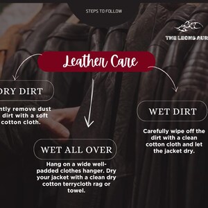 May include: Image detailing leather care steps. Instructions include removing dry dirt with a soft cloth, wiping wet dirt with a clean cloth, and drying the jacket on a padded hanger. The text "Leather Care" is in a burgundy banner.