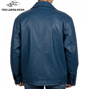 May include: A teal leather jacket with a classic collar and buttoned cuffs. The back view of the jacket shows a vertical seam down the center. The text "THE LEONS AURA" is visible in the upper left corner.