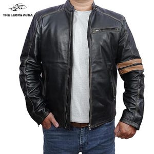 Mens Black Leather Biker Jacket with Tan Stripe | Vintage Style Cafe Racer Motorcycle Jacket