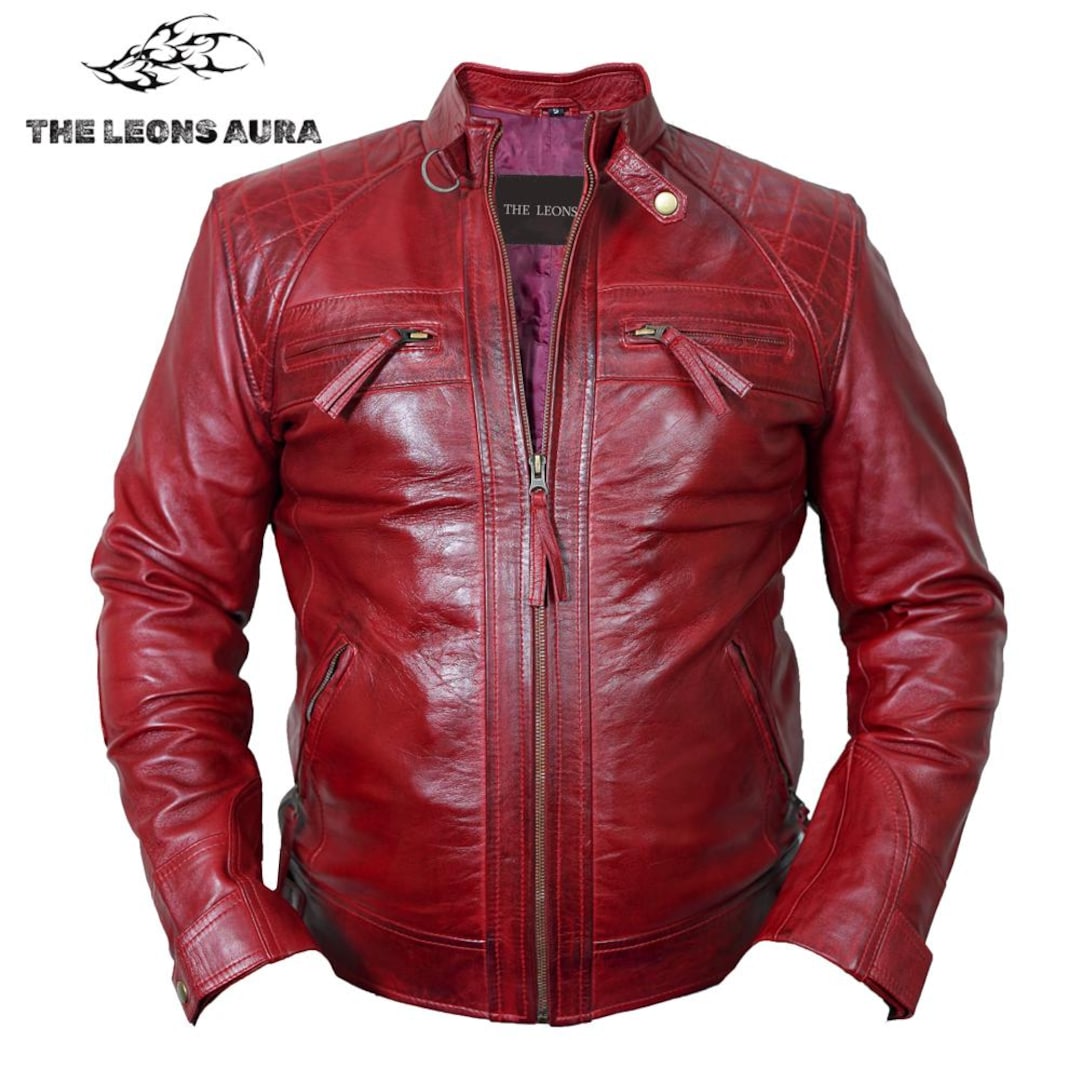 Red Lambskin Leather Biker Jacket: Diamond Quilted Cafe Racer