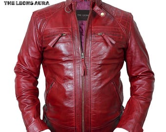 Red Lambskin Leather Biker Jacket: Diamond Quilted Cafe Racer - Etsy