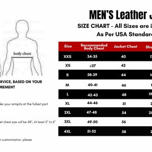 May include: A size chart for men's leather jackets, with measurements in inches. The chart includes sizes from XXS to 4XL, detailing body chest, jacket chest, shoulder, and sleeve dimensions. Includes a diagram for body measurement.