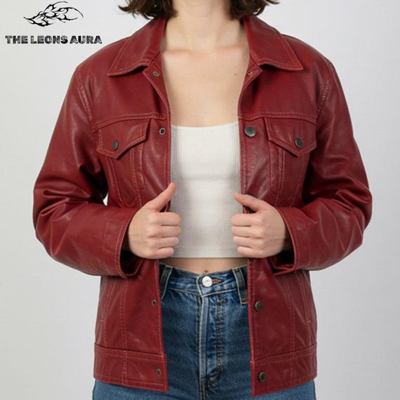 Vintage Red Real Leather Moto Jacket: Retro 90s Oversized Fit - Etsy