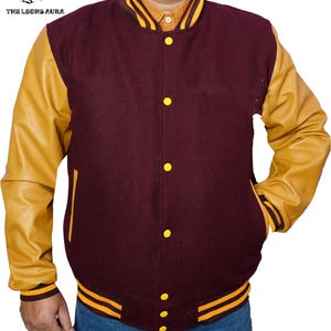 Men's Maroon Varsity Jacket with Tan Leather Sleeves Wool Letterman Bomber Classic College Baseball Jacket