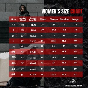 May include: A size chart for women's jackets, with measurements in inches. The chart includes sizes XS to 6XL, detailing jacket chest, best fit chest, waist, sleeve, shoulder, and length measurements. The text "WOMEN'S SIZE CHART" is at the top.