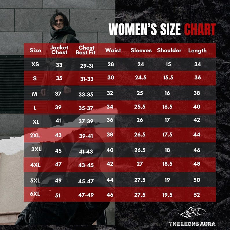 May include: A size chart for women's jackets, with measurements in inches. The chart includes sizes XS to 6XL, detailing jacket chest, best fit chest, waist, sleeve, shoulder, and length measurements. The text "WOMEN'S SIZE CHART" is at the top.